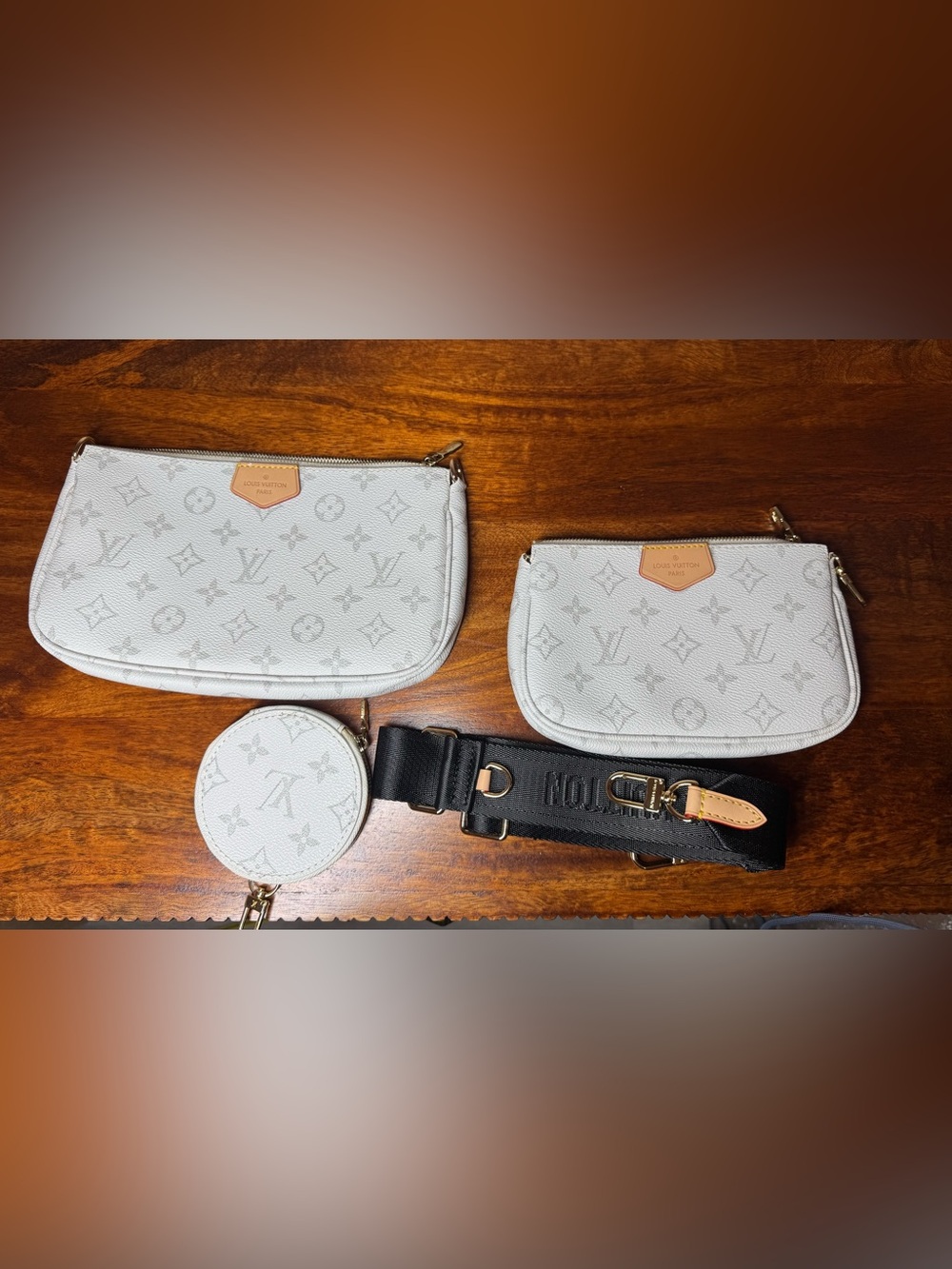 Off White/White/Gray Multi-Pochette Set with Black Strap. No Brand.